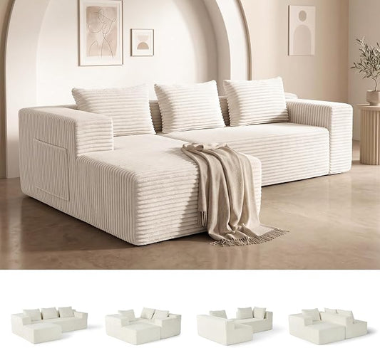 Modular Sectional L-Shaped Sofa with Deep Seat, Modern Boneless Comfy Corduroy Fluffy Couch with Side Pockets and Anti-Slip & Floor-Friendly Bottom for Living Room, No Assembly, White