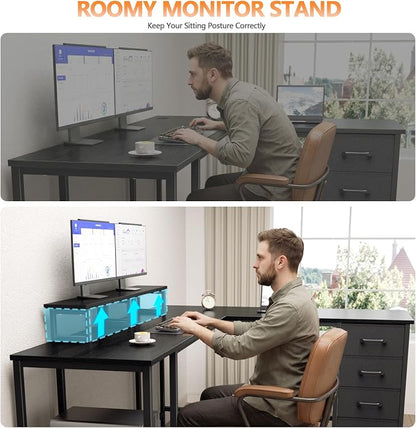 Korfile 66" L Shaped Computer Desk, 94.4'' Home Office Desk with Power Outlets, 4 Adjustable Storage Drawers & 2 Monitor Stands, Large Two Person Gaming Table for Writing Study, Black