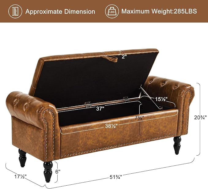 Furniliving Storage Ottoman Bench, Leather Benches End of Bed Bench with Solid Wood Legs Upholstered Ottoman Bench with Storage Indoor Bench for Living Room with Rolled Arm, Entryway, YellowBrown