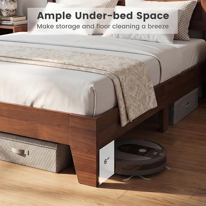 KOMFOTT Queen Size Bed Frame, Mid-Century Modern Platform Bed with Headboard, Wooden Slat Support Mattress Foundation, Under-Bed Storage Space, No Box Spring Needed (Walnut,Queen)