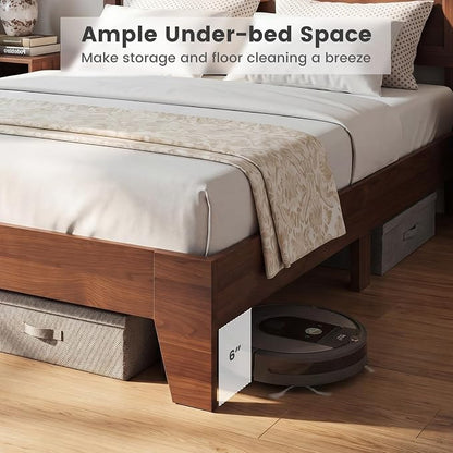 KOMFOTT Queen Size Bed Frame, Mid-Century Modern Platform Bed with Headboard, Wooden Slat Support Mattress Foundation, Under-Bed Storage Space, No Box Spring Needed (Walnut,Queen)