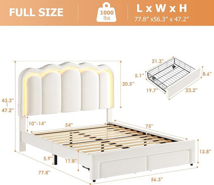 Full Upholstered LED Bed Frame with 2 Storage Drawers and Adjustable Chic Double Wavy Headboard, Velvet Princess Platform Bed with Charing Station, Solid Wood Slats Support,No Box Spring Needed,Beige