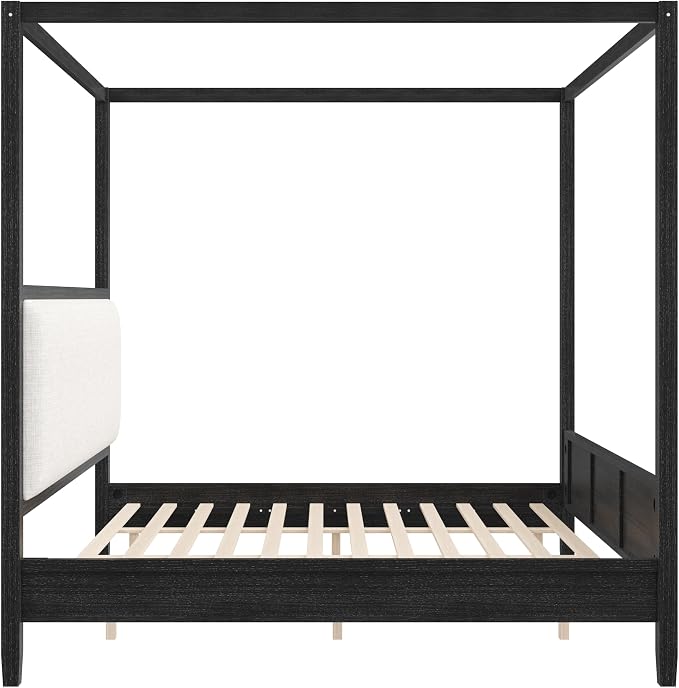 Merax Queen Size Canopy Bed with Upholstered Headboard, Wooden Platform Bed Frame with 4-Posters, Solid Wood Slat Support, No Box Spring Needed