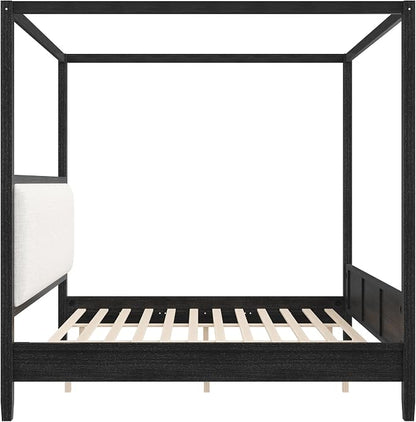 Merax Queen Size Canopy Bed with Upholstered Headboard, Wooden Platform Bed Frame with 4-Posters, Solid Wood Slat Support, No Box Spring Needed