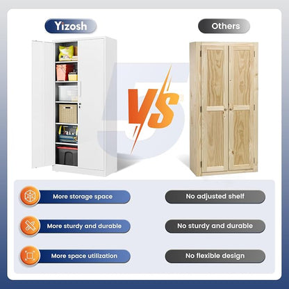 Yizosh Metal Storage Cabinet with Locking Doors and 5 Adjustable Shelves,- 72" Garage Storage White Steel Lockable File Cabinet for Office,Home,Garage