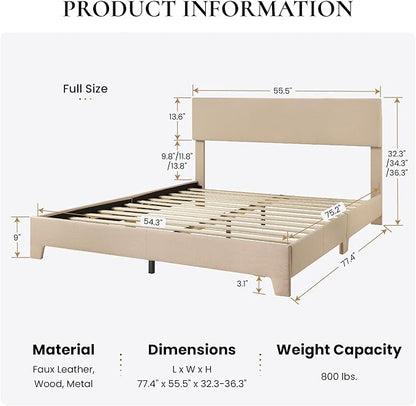 SHA CERLIN Linen Upholstered Full Size Bed Frame with Headboard, Beige | Adjustable Low-Profile Platform Bed, Minimalist Design, Stable Mattress Foundation, Strong Back-Support, No Box Spring Needed