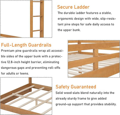 Merax Queen Size Bunk Bed - Solid Pine & MDF Frame, Heavy Duty 600lb Capacity, Space Saving Design with Safety Guard Rails & Ladder, No Box Spring Needed,Wood Color