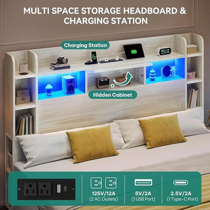 DWVO King Size Bed Frame with Bookcase Headboard and 4 Storage Drawers, RGB LED Bed Frame with Type-C & USB Charging Station Storage Headboard Bed, No Box Spring Needed, Noise Free, Wooden White