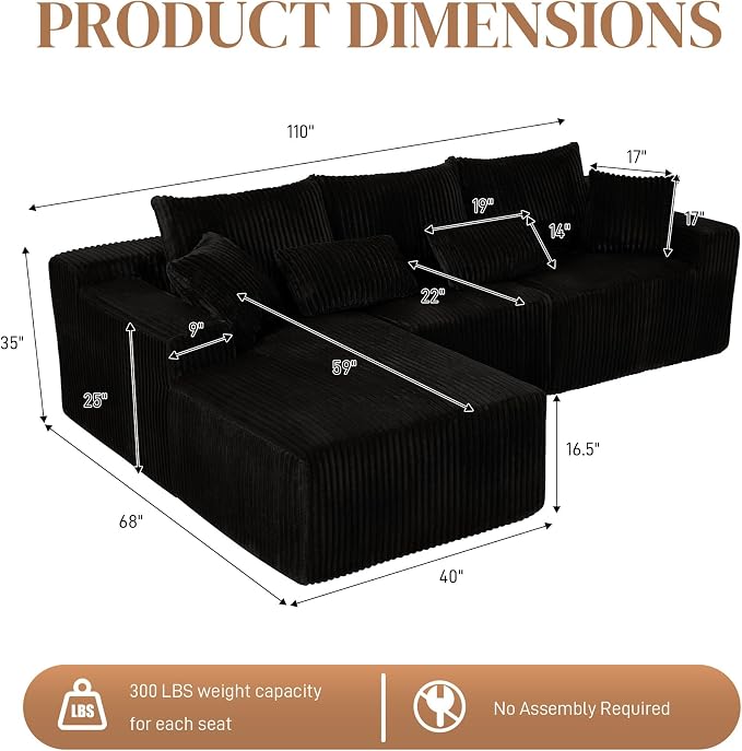 110" L Shaped Cloud Boneless Sectional Couches for Living Room, Modern Comfy Modular Deep Seat Memory Foam Compressed Corduroy Sofa Oversized Left Facing Chaise, No Assembly Required, Balck