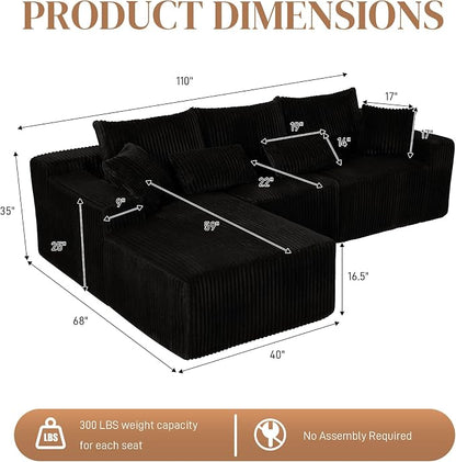 110" L Shaped Cloud Boneless Sectional Couches for Living Room, Modern Comfy Modular Deep Seat Memory Foam Compressed Corduroy Sofa Oversized Left Facing Chaise, No Assembly Required, Balck