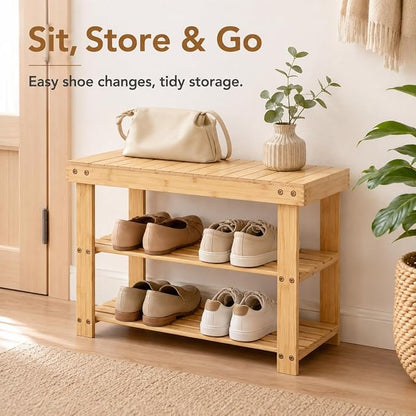 Shoe Rack Bench, 3-Tier Shoe Storage Organizer for Entryway , Shoe Shelf for Small Spaces, Multi-Functional Side Table Plant Stand, Shoe Stand for Bedroom, Living Room, Closet, Front Door, Natural