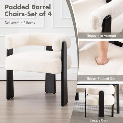 Hyfirm Modern Boho Dining Chairs Set of 4, White Boucle Upholstered Barrel Armchairs with Plush Teddy Fabric, Solid Black Wooden Legs, Mid-Century Accent Chairs for Dining Room, Living Room, Kitchen