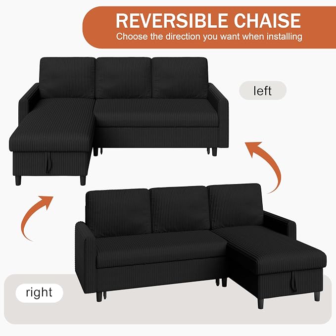 Vongrasig Convertible Sofa Bed with Storage for Small Space, Black Corduroy | Pull Out Couch with Storage , 77" L-Shaped Sleeper Sofa Bed with Storage Chaise Corduroy Fabric for Living Room, Apartment