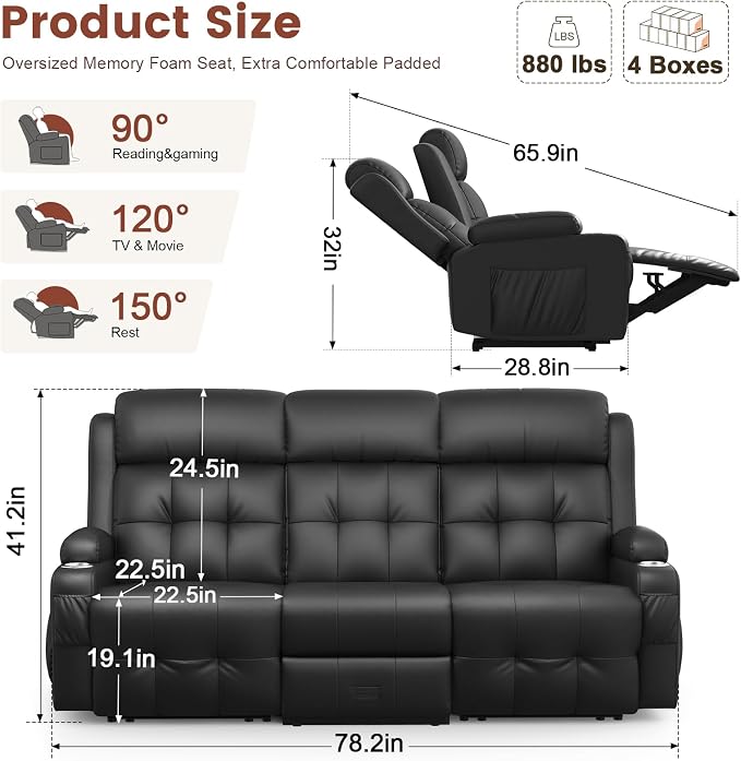 Recliner Sofa, Massage Reclining Sofa 3 Seater Sets Heavy Weight Capacity, RV Loveseat Couch Clearance with Flip Back Console, Storage, Cup Holders, Wall Hugger Reclining Couch for Living Room