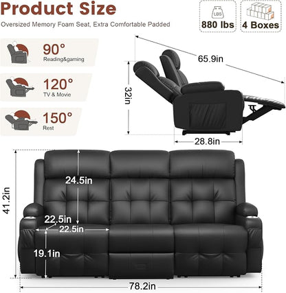 Recliner Sofa, Massage Reclining Sofa 3 Seater Sets Heavy Weight Capacity, RV Loveseat Couch Clearance with Flip Back Console, Storage, Cup Holders, Wall Hugger Reclining Couch for Living Room