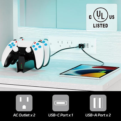 Night Stand with Charging Station Set of 2, LED Nightstand Bedside Table with USB Ports and Outlets, 3 Fabric Drawer End Side Table Night Stand Set 2 for Bedroom with Storage Shelf and 2 Hooks, White