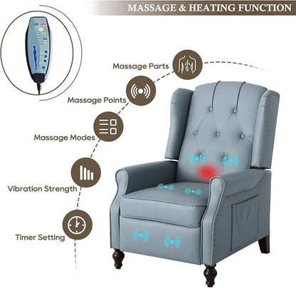 Wingback Recliner Chair with Massage & Heat, Cat-Proof Push Back Arm Chair, Recliner Chair for Living Room Bedroom Home Theater (1, Grayish-Blue)