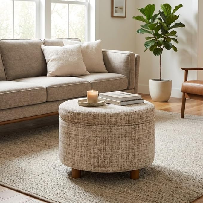 HomePop 24" Large Round Storage Ottoman - Cream Textural Woven