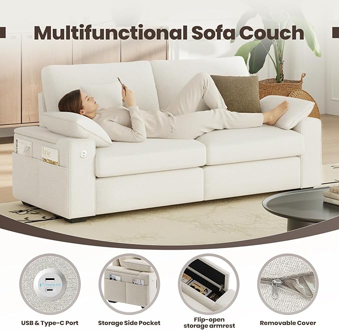 MALOL 76" Loveseat Couch, 3 Seater Upholstered Midcentury Mondern Love Seat with USB Type C Ports, 4 Pillows and Storage Armrest Cloud Foam Sofa for Living Room/Small Spaces, Beige | Breathable material