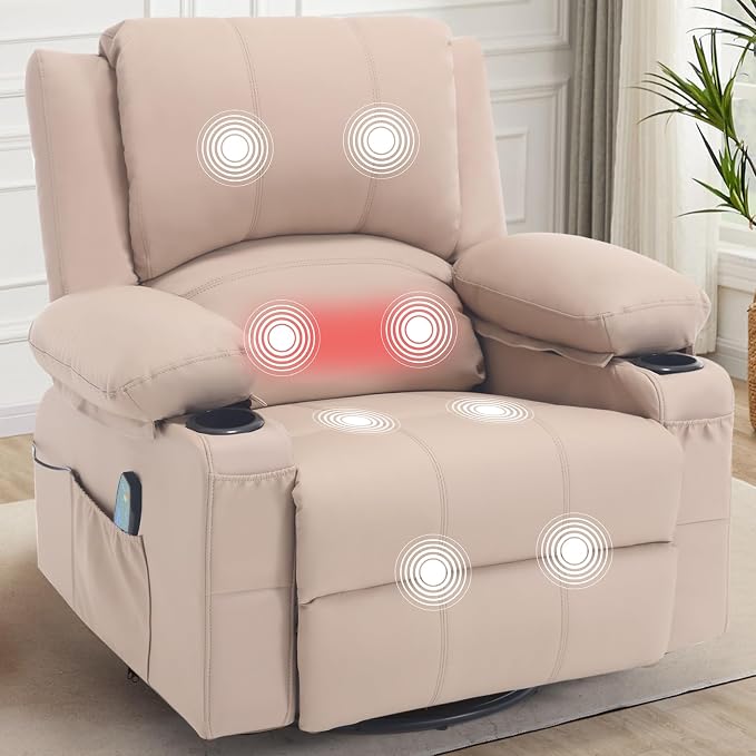 Leather Recliner Chair with Heat and Massage Cup Holder, Thickly Padded Overstuffed Rocking Glider Chair, Swivel Rocker Recliner Chair for Nursery, Khaki