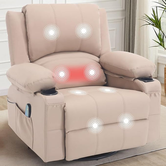 Leather Recliner Chair with Heat and Massage Cup Holder, Thickly Padded Overstuffed Rocking Glider Chair, Swivel Rocker Recliner Chair for Nursery, Khaki