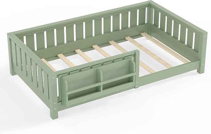 Bellemave Twin Floor Bed with Rails and Slats, Twin Size Montessori Floor Bed with Bookshelf and Fence, Easy Assemble Montessori Beds Frame for Girls, Boys, Avocado Green