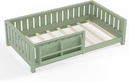 Bellemave Twin Floor Bed with Rails and Slats, Twin Size Montessori Floor Bed with Bookshelf and Fence, Easy Assemble Montessori Beds Frame for Girls, Boys, Avocado Green