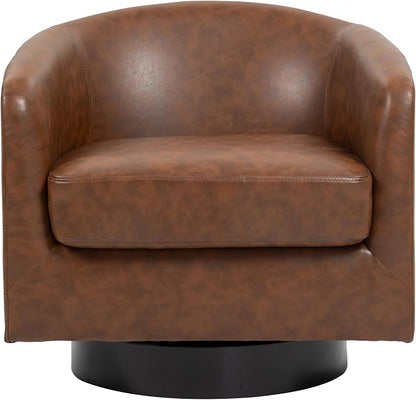 360° Swivel Barrel Accent Chair Armchair, Faux Leather Modern Round Club Arm Chair Upholstered Single Sofa Seating Corner Nook Side Reading Seat for Living Room, Office, Bedroom - Coffee Brown