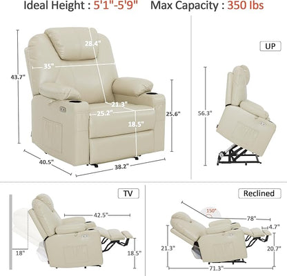 MCombo Extra Wide Power Lift Recliner Chair for Elderly, Lift Chair with Heat and Massage for Big People, USB&Type C Ports, Cup Holders, Faux Leather R7045 (Cream White, Medium-Wide)