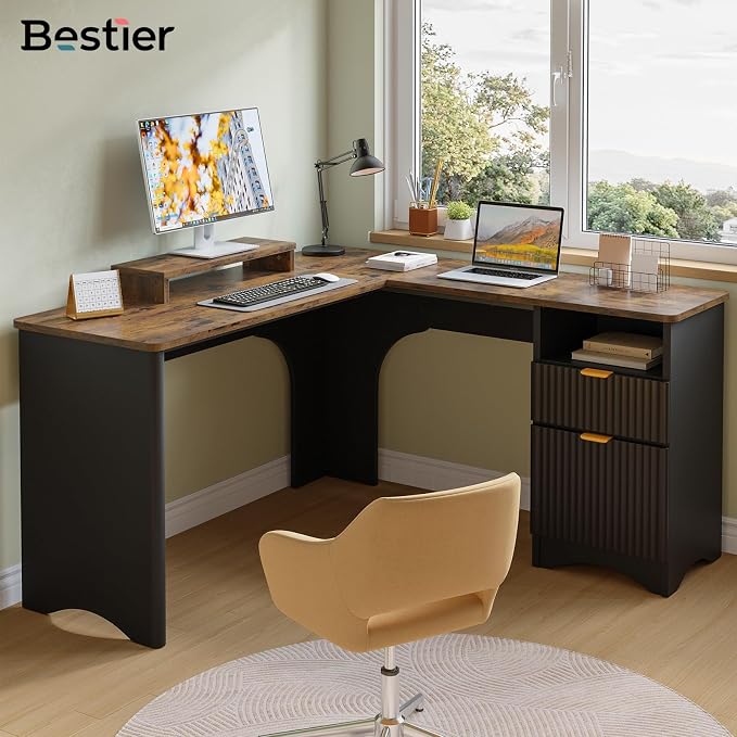 Bestier L Shaped Desk with File Drawer, 55.7" x 55" Office Computer Desk with Round Corners, Modern Desk with Monitor Stand & Fluted Panels for Home Office, Black & Rustic Brown