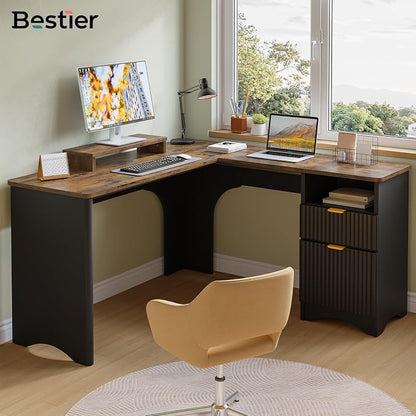 Bestier L Shaped Desk with File Drawer, 55.7" x 55" Office Computer Desk with Round Corners, Modern Desk with Monitor Stand & Fluted Panels for Home Office, Black & Rustic Brown
