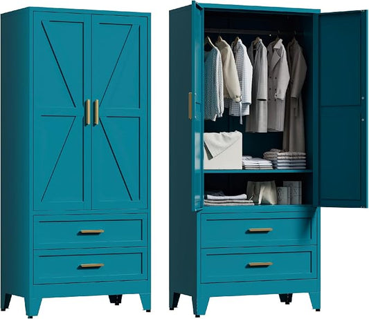 Washsemba 71'' Farmhouse Metal Wardrobe Cabinet with Hanging Rod, 2 Barn Door Wardrobe Closet with Adjustable Shelves,2 Drawer,for Dining Room,Bedroom,Living Room, Cloak Room,Office (Peacock Blue)