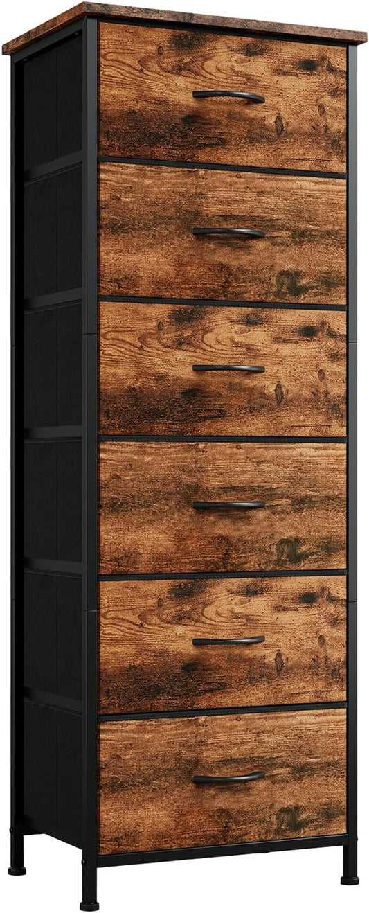 Somdot Tall Dresser for Bedroom with 6 Drawers, Storage Organizer Chest of Drawers with Removable Fabric Bins for Closet Bedside Living Room Laundry Entryway Hallway, Wood Grain Print