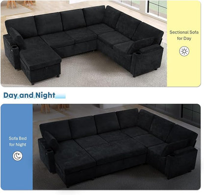 110" Chenille Sectional Sofa w/Pull Out Bed & Storage Chaise, Black | Reversible U Shape Sofa w/Storage Armrests & Cup Holders, Corner Couch w/USB Charging Port & Throw Pillows for Living Room