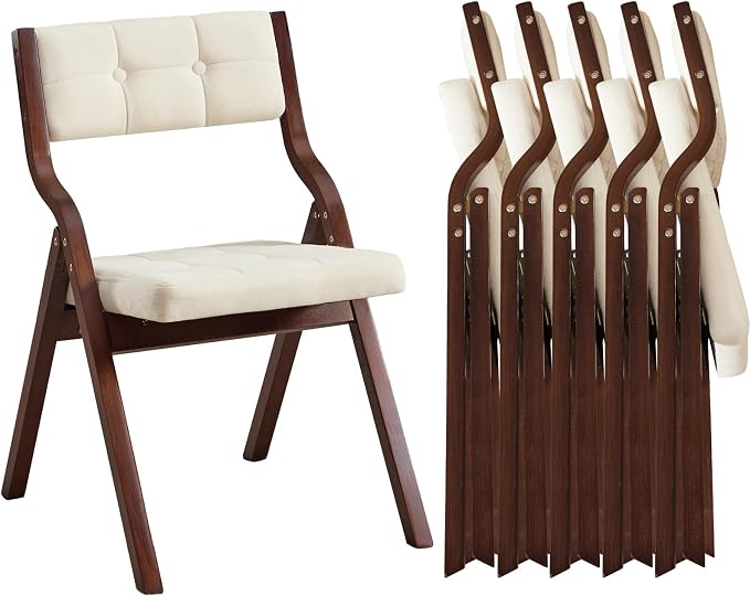 6-Pack Folding Dining Chairs with Cushion,Padded Foldable Dining Chairs,Portable Wooden Folding Chairs with Tufted Buttons Seat for Dining Rooms Kitchen Wedding and Party Indoor Walnut Beige