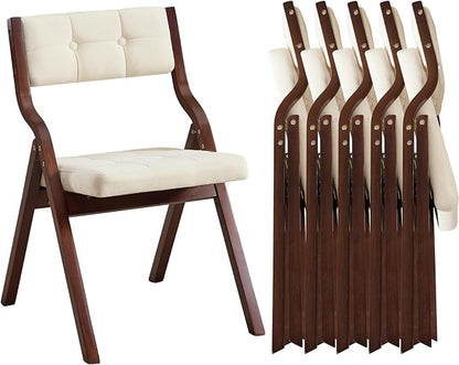 6-Pack Folding Dining Chairs with Cushion,Padded Foldable Dining Chairs,Portable Wooden Folding Chairs with Tufted Buttons Seat for Dining Rooms Kitchen Wedding and Party Indoor Walnut Beige
