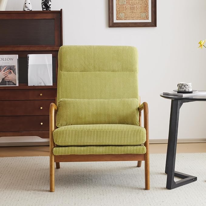 Karl home Accent Chair High Back Mid-Century Modern, Green | Corduroy Upholstered, Walnut Color Solid Rubber Wood Frame, Soft Cushion with Pillow, For Living Room, Bedroom, Balcony