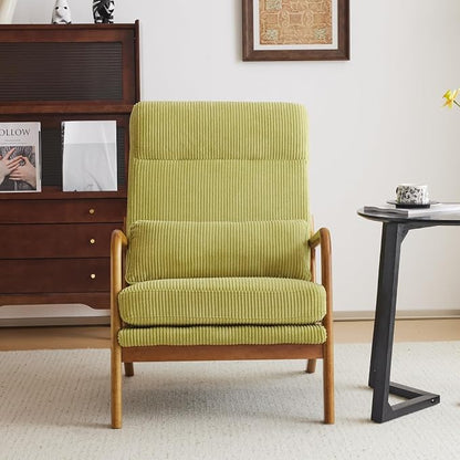 Karl home Accent Chair High Back Mid-Century Modern, Green | Corduroy Upholstered, Walnut Color Solid Rubber Wood Frame, Soft Cushion with Pillow, For Living Room, Bedroom, Balcony