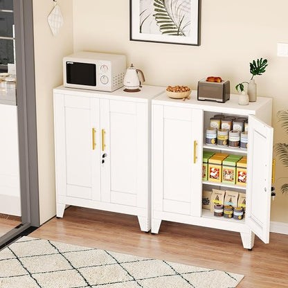 White Metal Storage Cabinet, 36" Tall Locking Storage Cabinet, 14”D | with 2 Adjustable Shelves, Steel Locker Organizer, Metal Freestanding Buffet Cupboards Sideboard for Office, Home, School,2PS