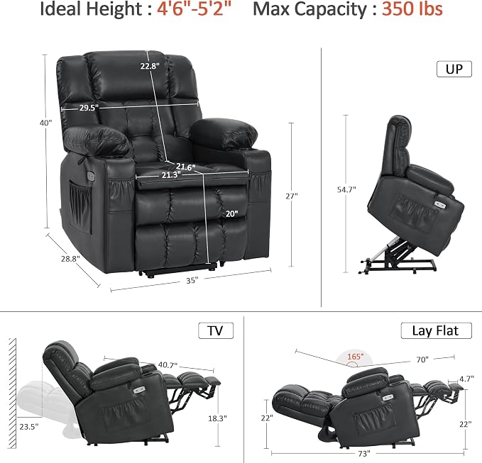 MCombo Small Dual Motor Power Lift Recliner Chair for Petite Elderly, Zero Gravity Lift Chair with Heat and Massage, Infinite Position Lay Flat Recliner, USB Ports, Faux Leather 7893 (Black, Small)