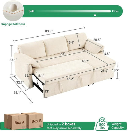 Tbfit Pull Out Sofa Bed with Chair, 3 in 1 Sleeper Sofa Couch with USB & Storage Chaise, Comfy Convertible Sleeper Sofas for Living Room, Small Spaces, White