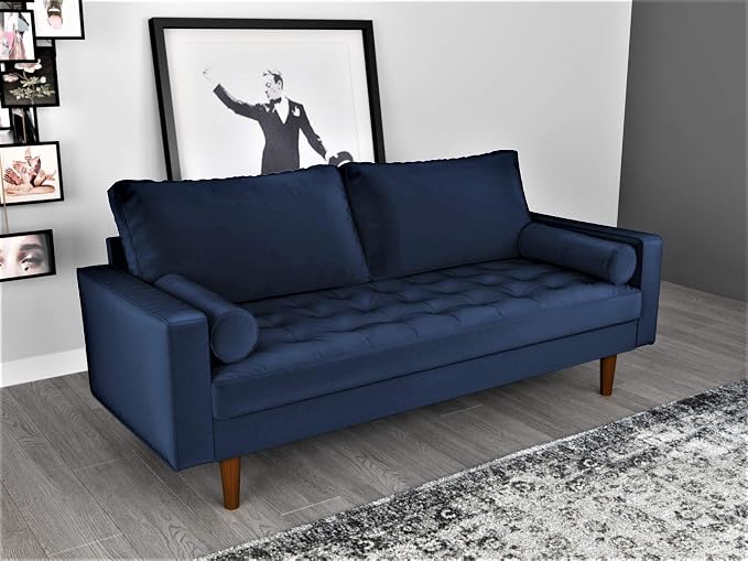 Container Furniture Direct Womble Mid Century Modern Velvet Upholstered Tufted Seat with Bolster Pillows, Sofa, Denim Blue
