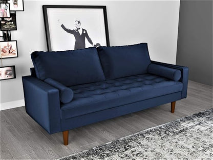 Container Furniture Direct Womble Mid Century Modern Velvet Upholstered Tufted Seat with Bolster Pillows, Sofa, Denim Blue