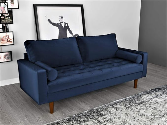 Container Furniture Direct Womble Mid Century Modern Velvet Upholstered Tufted Seat with Bolster Pillows, Sofa, Denim Blue