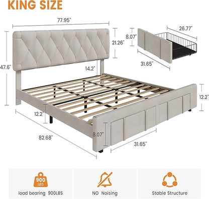 GarveeHome King Size Bed Frame, Upholstered Platform Bed Frame with Storage Drawers, Mattress Foundation with Solid Wooden Slats Support, No Box Spring Needed, Beige
