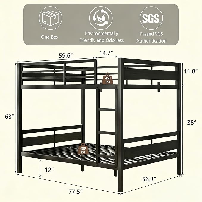 Bunk Bed Full Over Full, Heavy Duty Metal Bunkbeds with Full-Length Guardrail, Space-Saving Steel Bed for Kids & Adults, No Box Spring Required, Black