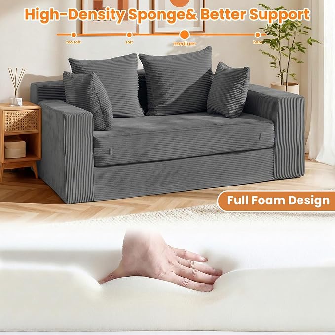 Winzon Boneless Loveseat, 3 in 1 Convertible Sofa Bed Sleeper Sofa Floor Futon Bed with 4 Pillows, 55" Grey Boneless Couch for Living Room, Guest Room, Small Space, No Assembly Required, Corduroy
