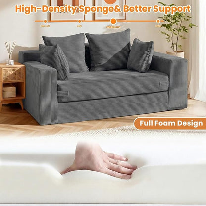 Winzon Boneless Loveseat, 3 in 1 Convertible Sofa Bed Sleeper Sofa Floor Futon Bed with 4 Pillows, 55" Grey Boneless Couch for Living Room, Guest Room, Small Space, No Assembly Required, Corduroy