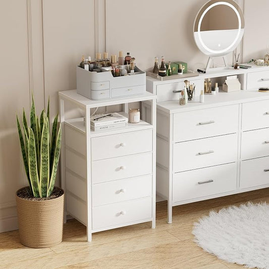 BOLUO Tall Night Stand with Drawers, White Nightstand with Charging Station and LED Light, Small White 4 Drawer Dresser for Bedroom, Room Storage Closet