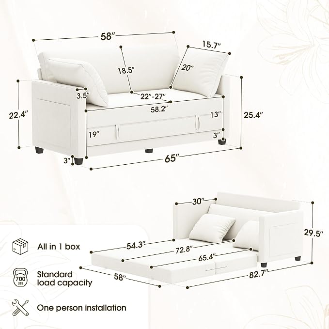 Myroyalsit 65" Convertible Loveseat Sofa Bed, 2-in-1 Folding Sofa Bed with 2 Pillow for Small Spaces, Modern Loveseat Sleeper Couch for Apartment, Living Room & Guest Room (Beige Chenille, 65 inch)